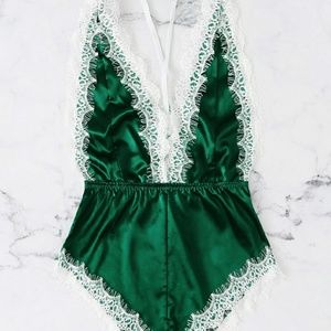 Green Sleepwear Romper lined with White Lace